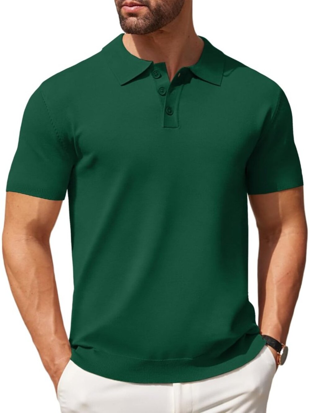 Men Dark Green Knit Polo Shirts Casual Short Sleeve Button Down Golf Tee Classic